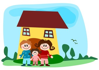 Obraz na płótnie Canvas Illustration: Familie vor Haus