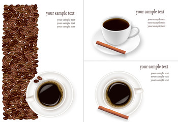 Design with cup of coffee and coffee grains. Vector.