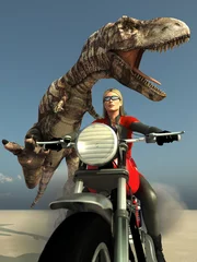 Selbstklebende Fototapeten Biker-Frau flieht aus t-rex © Photobank