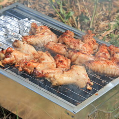 BBQ. Close up photo of cooking meet on the open fire