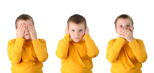 See no evil hear no evil speak no evil boy isolated on white