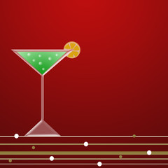 Green coctail with bubbles isolated on red background
