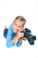 Girl with a camera big lens.