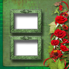 Card for congratulation or invitation with red roses and frame