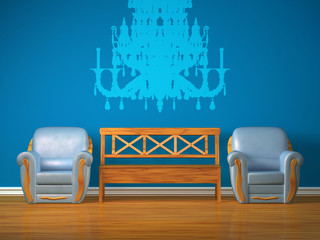 Two chairs with wooden bench and silhouette of chandelier