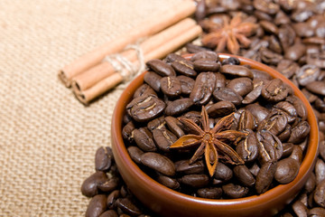 Coffee grains and spices: cinnamon  and star anise