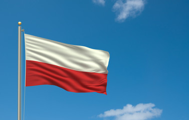 Flag of Poland waving in the wind in front of blue sky