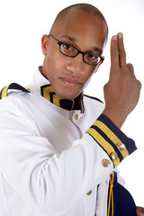 Attractive African American cruise ship steward, salute