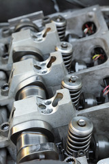 Modern engine inside, camshaft selective focus
