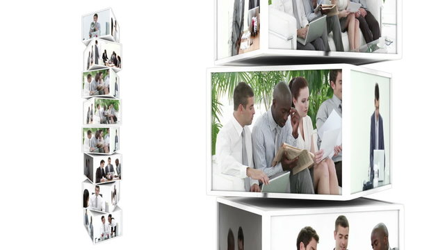 Cubes montage representing businesspeople at work in white space