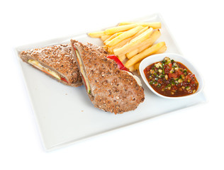 Cheese fillet with french fries and sauce