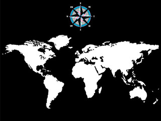 white world map with wind rose isolated on black background © robertosch