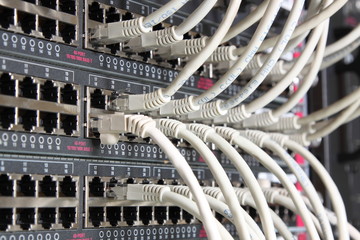 Switch plugged with some RJ45 connectors and copper cables