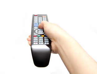 black remote controller in hand isolated on white background