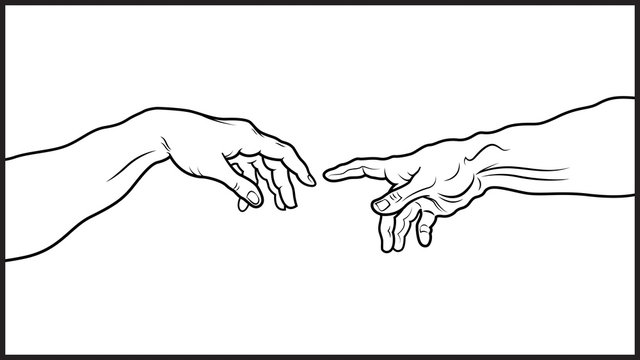 'Creatio Adami'. The Creation of Adam (fragment). A section of Michelangelo's fresco Sistine Chapel ceiling painted c.1511. Detailed vector outline drawing.