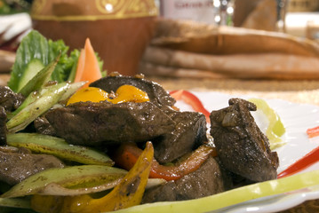 Fried juicy meat served with vegetables