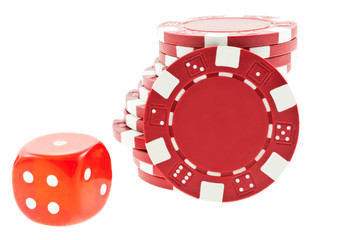red poker chips and dice cube isolated