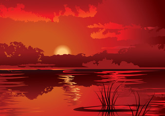A beautiful sunset on the river. Vector art-illustration.