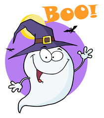 Happy Halloween Ghost Flying In Night And Text Boo!