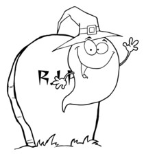 Outlined Halloween Ghost Flying Next To Tombstone
