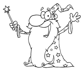 Outlined Wizard Waving And Cape Holding A Magic Wand