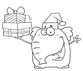 Outlined Happy Christmas Elephant Holds Up Gifts