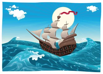 Foto op Plexiglas Galleon in the sea. Vector illustration, isolated objects © ddraw