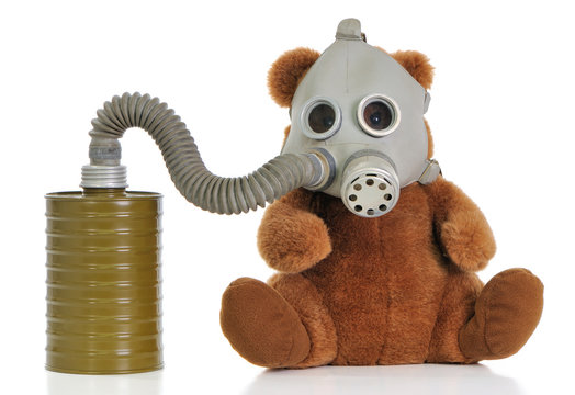 Soft toy bear with gas mask