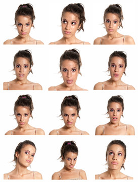 Young woman face expressions composite isolated on white