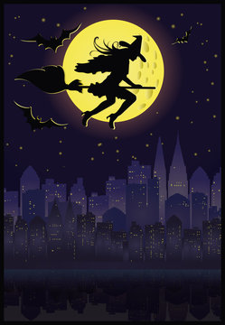 Witch flying on a broom in moonlight. vector