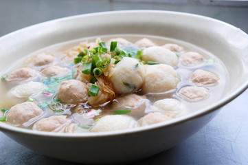 close up of meat and fish ball soup