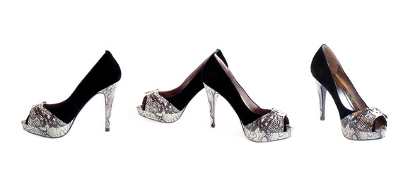 Stylish women's shoes, collage. Isolation