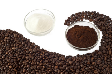 coffee beans, coffee powder and sugar