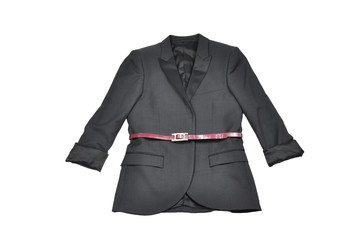 Woman black suit and its red leather belt