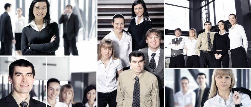 A collage of business images with young people in offices