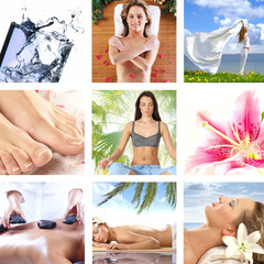 A collage of images with relaxing women and flowers