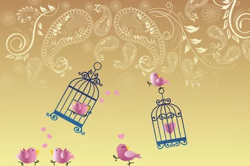Tableaux ronds sur aluminium Oiseaux en cages oiseaux amoureux sur fond doré avec motif floral paisley