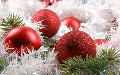 Fototapeta na wymiar Colorful Christmas balls and white ribbons