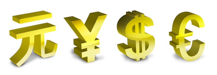 symbols of the euro, yen, yuan and dollar in 3d