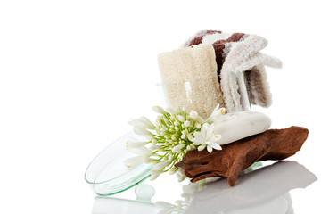 Behälter mit Waschlappen Schaf Seife und Holzrinde