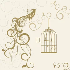 Stickers pour porte Oiseaux en cages oiseau hors du fond floral de la cage dorée