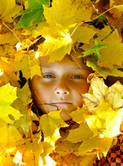 Face of child in leaves in autumn