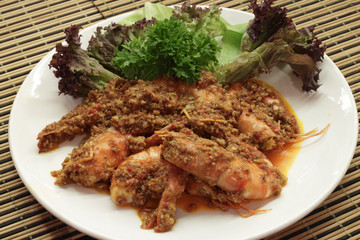 Chili prawn served with garnishing