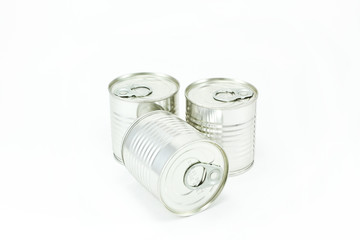 Three tin cans isolated on white background