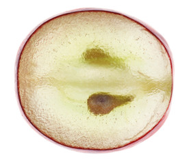 Translucent slice of red grape fruit, macro isolated on white