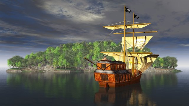 Piratenschiff mit Pirat vor der Insel