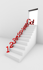 Monochromic 3d rendered image of stair with red numbers