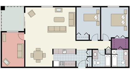 Furnished floor plan of two-bedroom condo with den