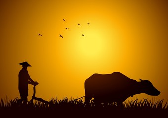 Stock illustration of a farmer plowing the fields
