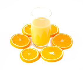 slices of orange and orange juice on white